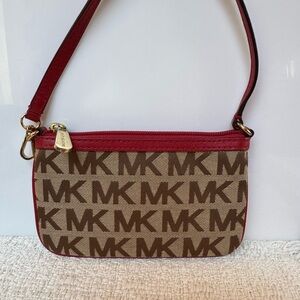 MK Michael Kors Monogram Khaki /Red Wristlet Wallet Coun